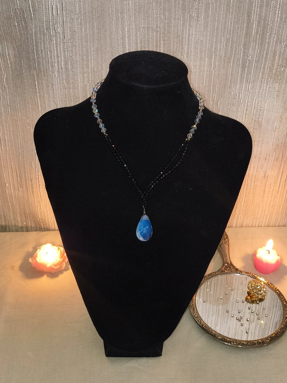 925 Sterling Silver Black Beaded Crystal Blue Teardrop Statement Necklace